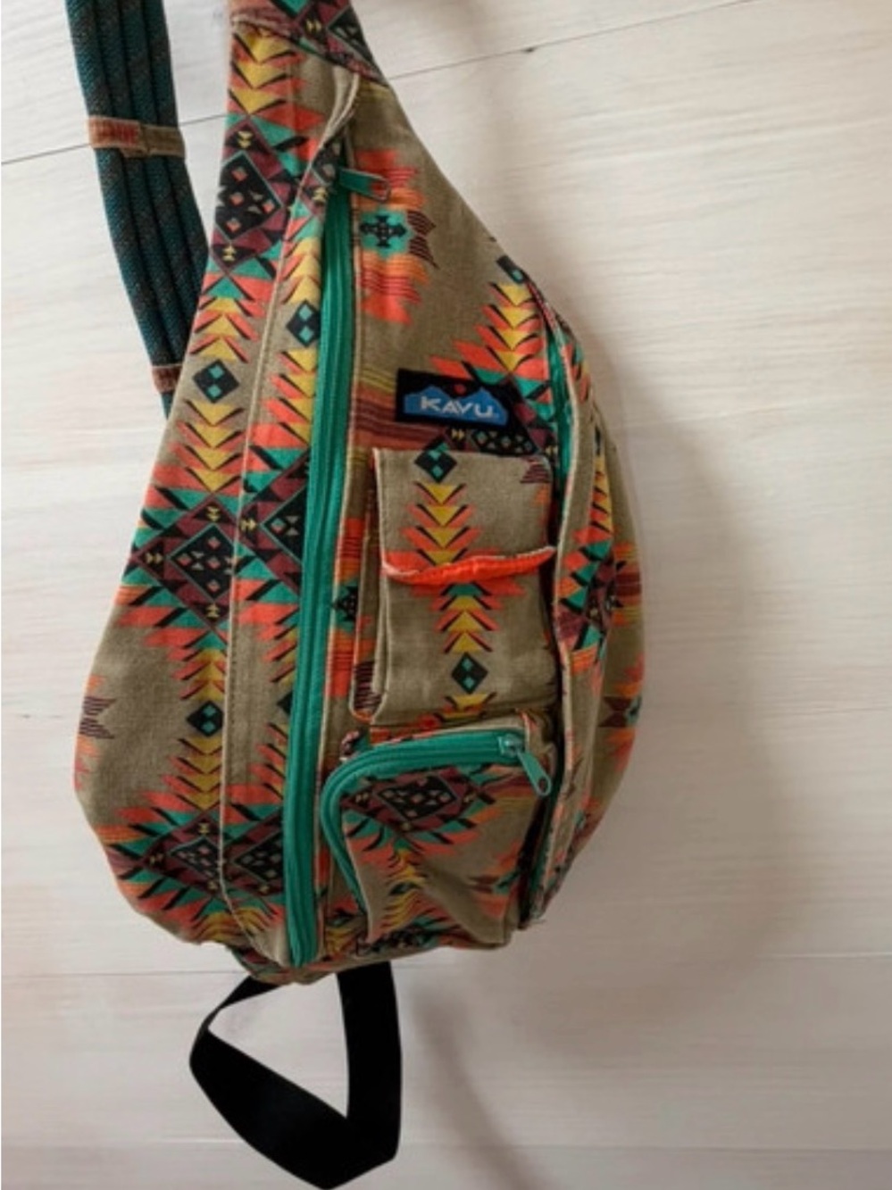 Kavu Multicolor Aztec Print Crossbody Sling Bag with Teal Zippers